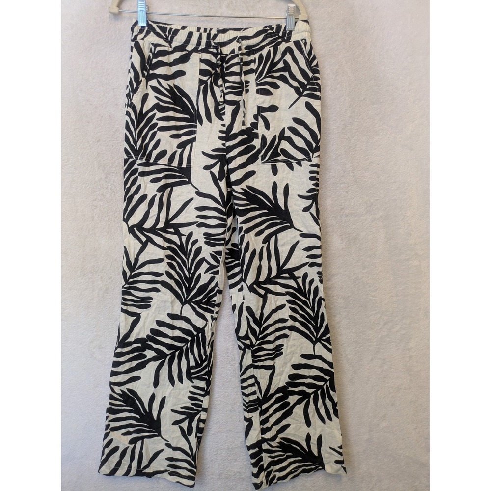 H&G Tropical Leaf Print Pants Women's Medium Cream Black Wide Leg Drawstring